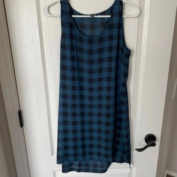 Eileen Fisher Buffalo Plaid High Low Semi Sheer Tunic Dress Womens Small Blue - Picture 1 of 4